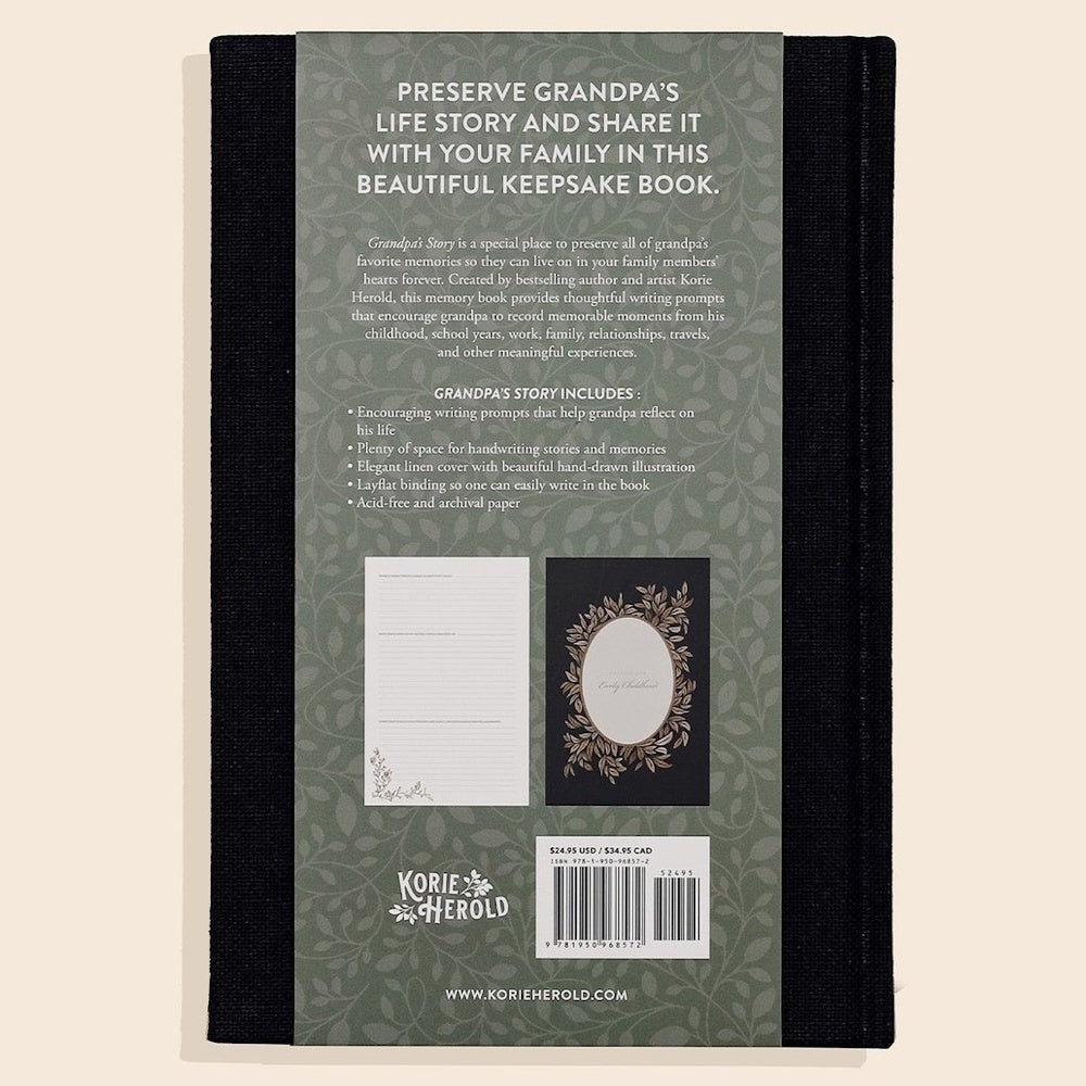 Back cover of Grandpa's Story keepsake book with green leaf patterns, product details, and barcode on a black linen spine.