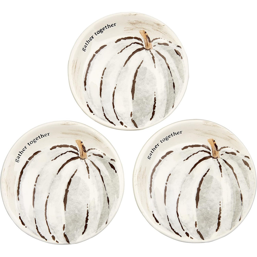 Three small round dipping dishes featuring a watercolor white pumpkin and the text "gather together".