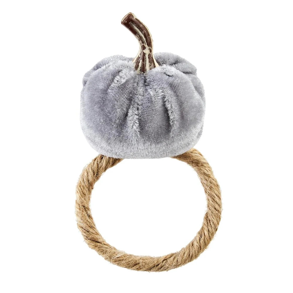 Gray velvet pumpkin napkin ring topped with a brown stem and set on a natural jute rope loop.