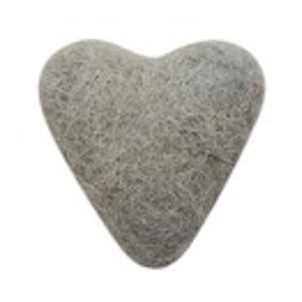 A small, gray, needle-felted wool heart with a fuzzy texture on a white background.