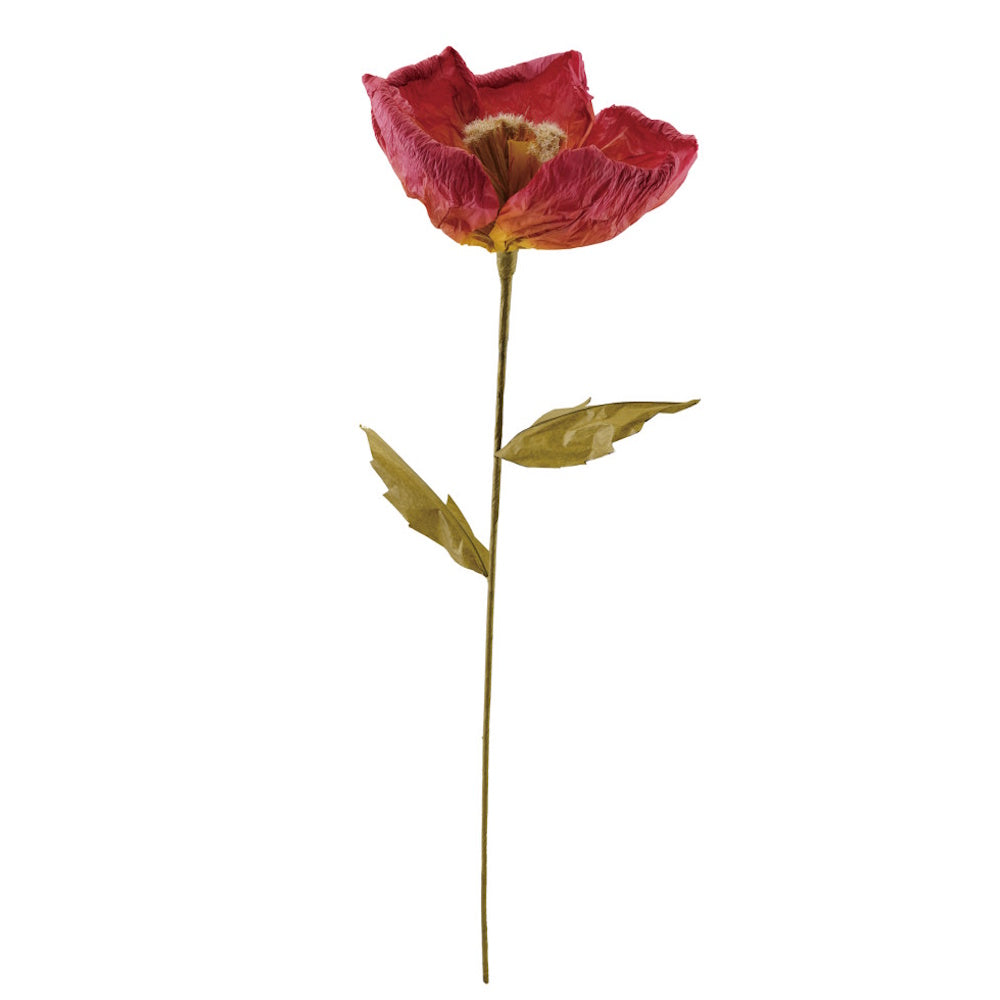 Burgundy crepe paper poppy flower pick with green stem and leaves.