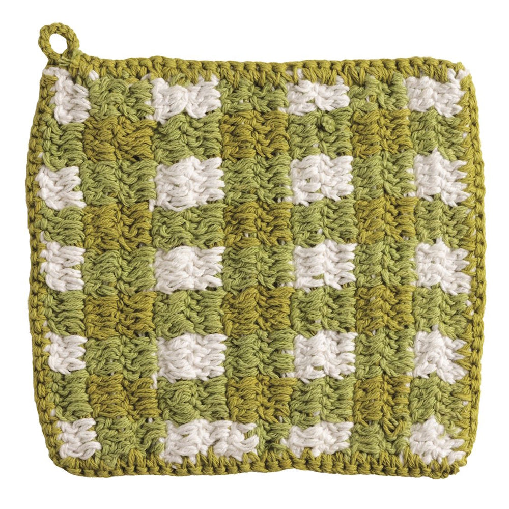 Checkered crochet pot holder in shades of green and white cotton yarn, handmade kitchen accessory with hanging loop.