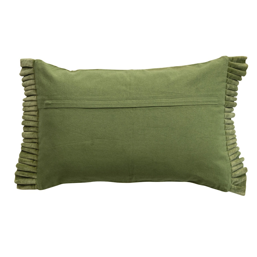 Back view of an olive green lumbar pillow featuring ruffled edges and a covered zipper closure.