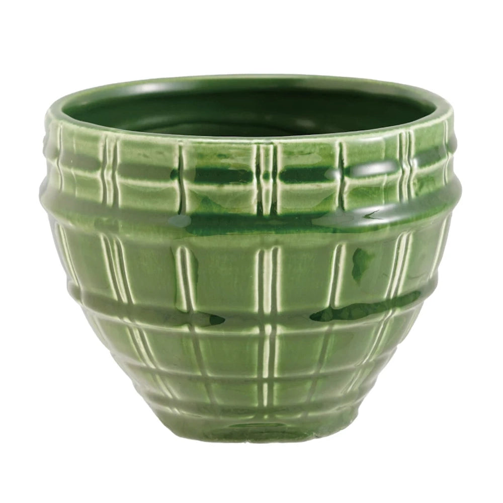 Green debossed stoneware planter with a glossy grid pattern and tapered base, isolated on a white background.
