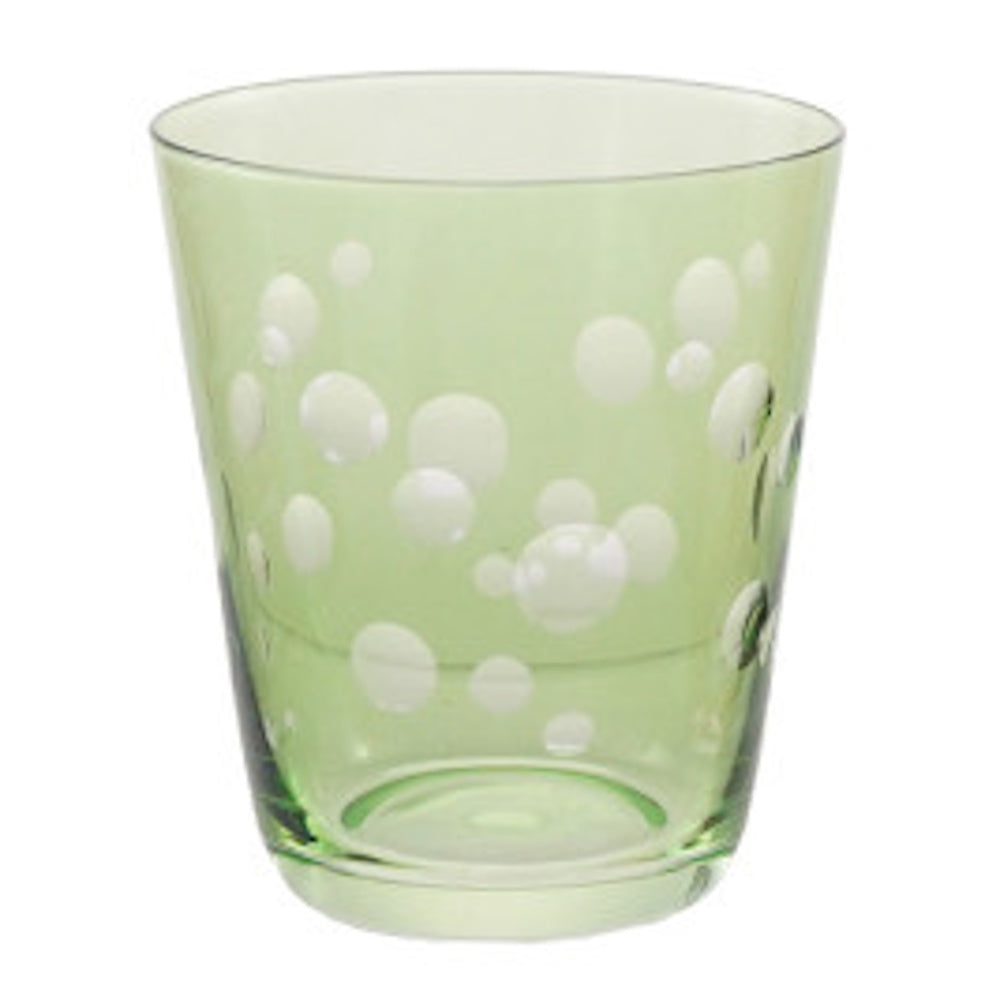 Light green etched drinking glass with a white polka dot pattern on a white background.