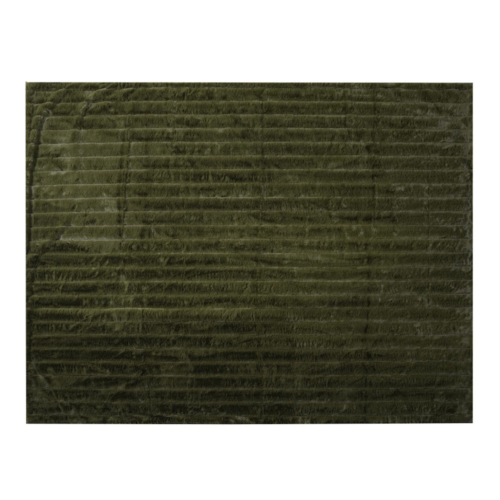 Olive green ribbed faux fur throw blanket with soft plush horizontal texture.