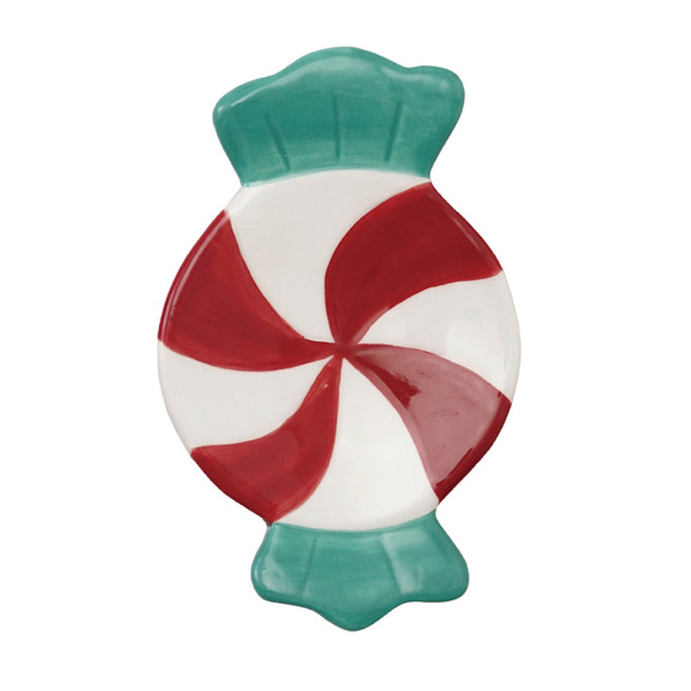 Ceramic peppermint candy dish painted with red and white swirls and green wrapper ends.