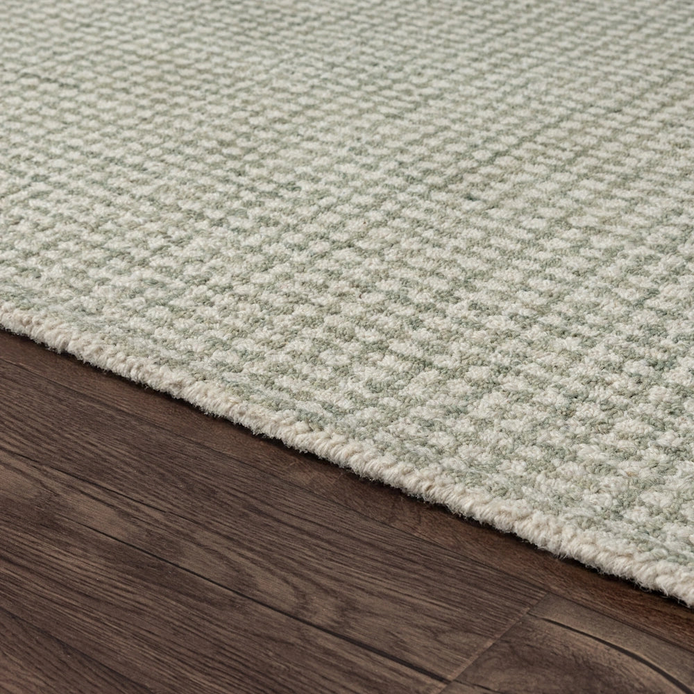 Sage green and cream textured loop pile area rug on dark wood flooring.