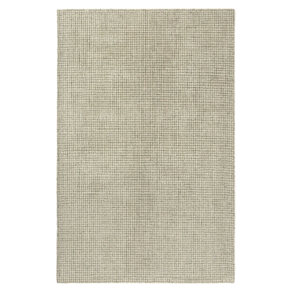 Modern minimalist hand-woven rug in light sage green and cream tones.