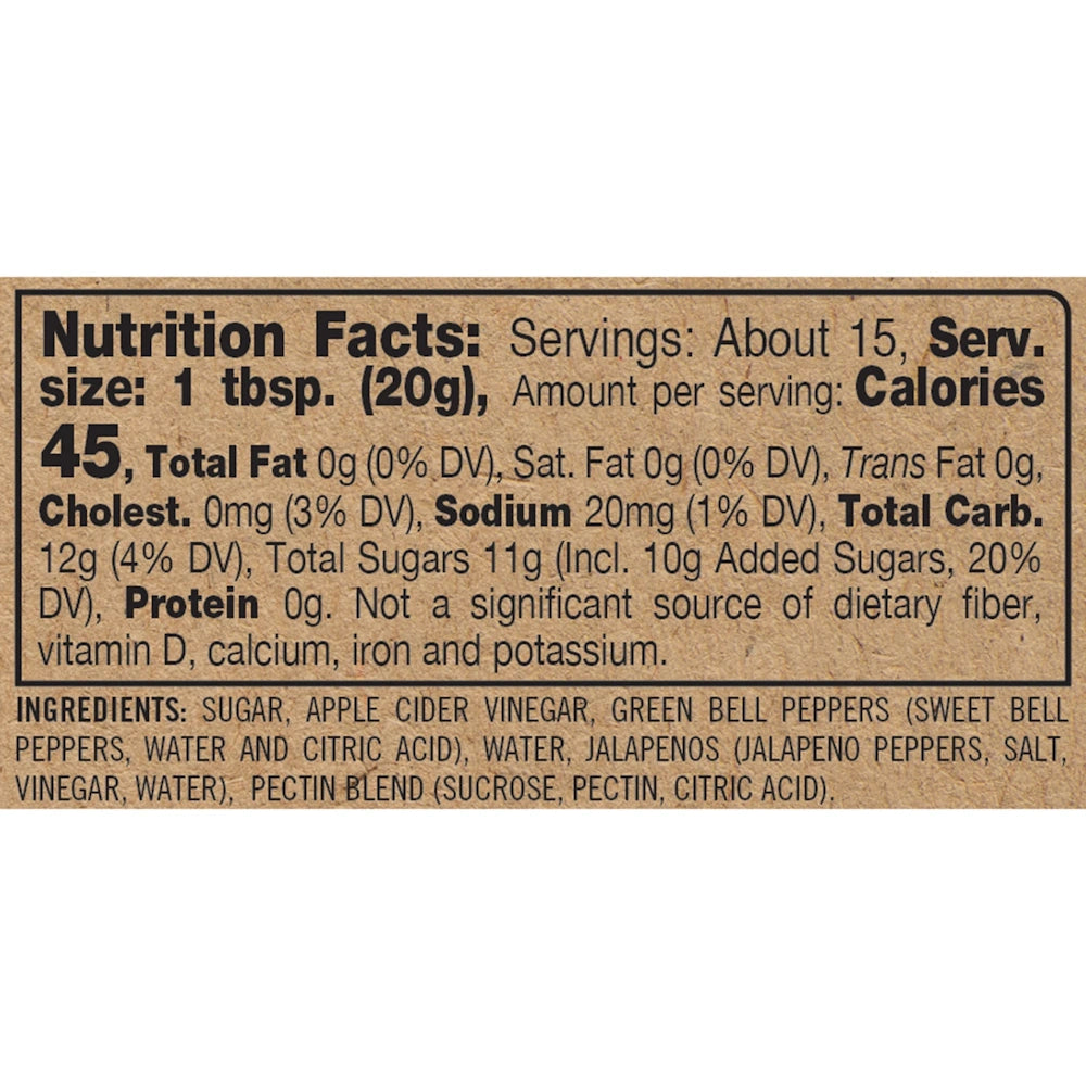 Nutrition Facts and ingredients label for Finch + Fennel Green Jalapeño Pepper Jelly.