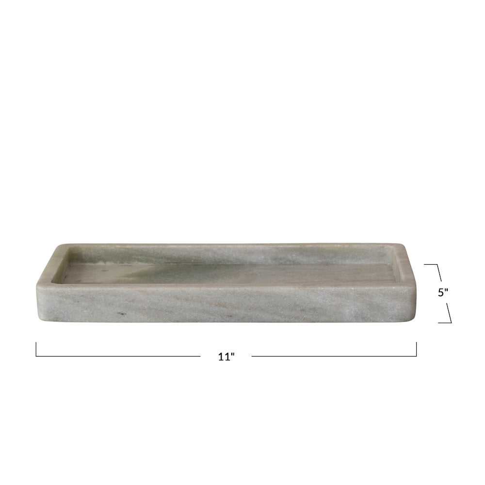 Rectangular green marble tray with dimensions: 11 inches long by 5 inches wide.