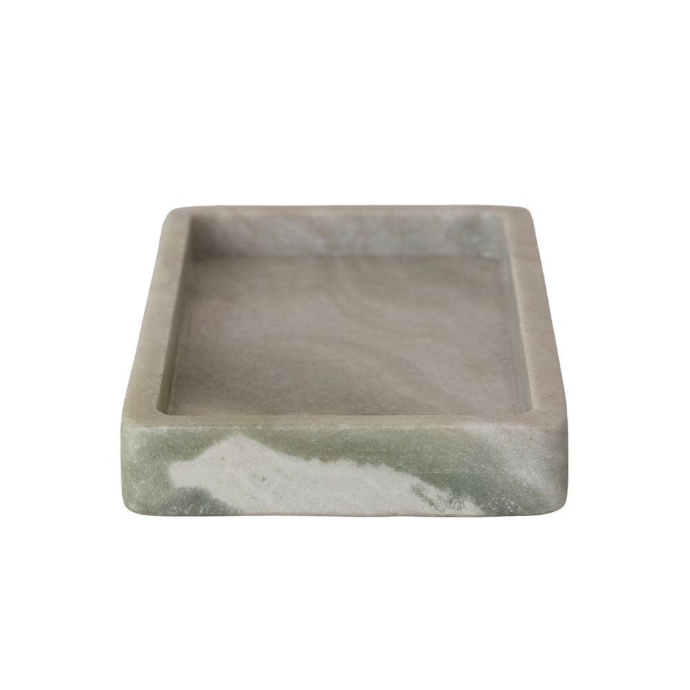 A rectangular sage green and white marbled stone tray on a solid white background.