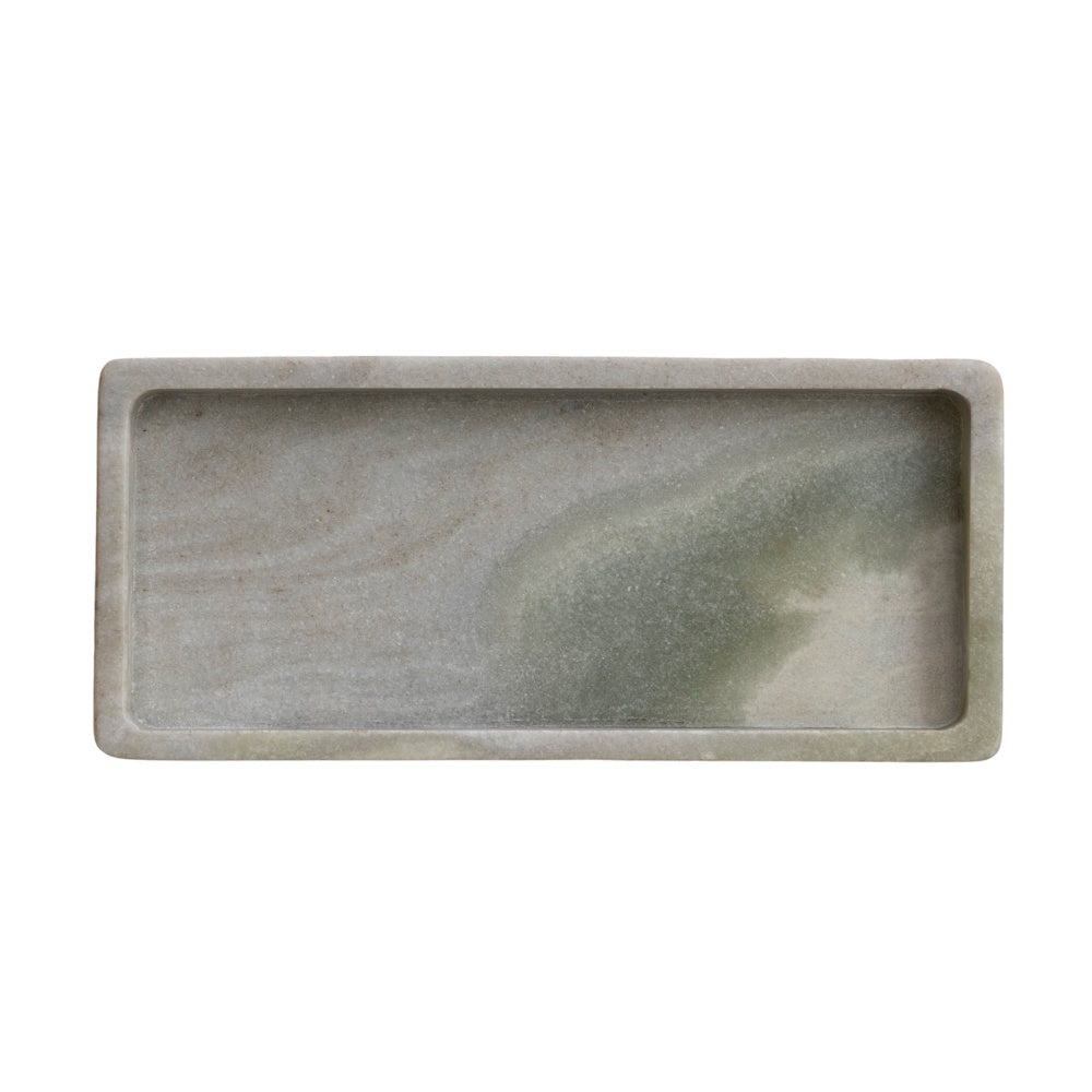 Rectangular marble tray with natural green and grey swirling patterns, top-down view.
