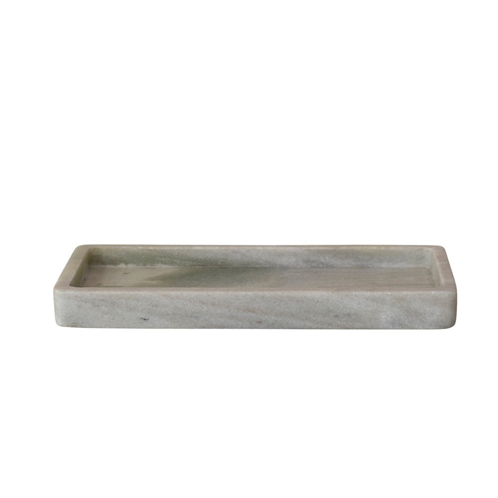 A rectangular light green and gray marbled stone tray on a white background.