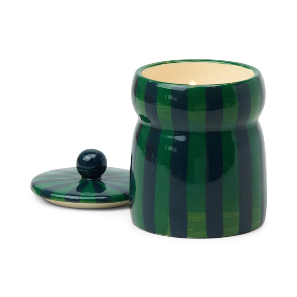 Green/Navy Striped Cabana with Lid Candle - Balsam Fir