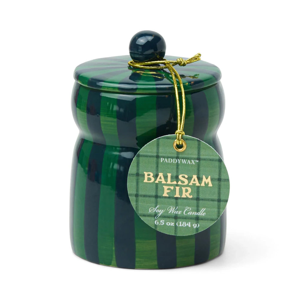 Green/Navy Striped Cabana with Lid Candle - Balsam Fir — alternate view 2