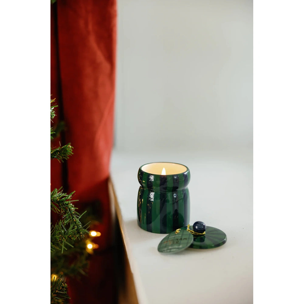 Green/Navy Striped Cabana with Lid Candle - Balsam Fir — alternate view 5