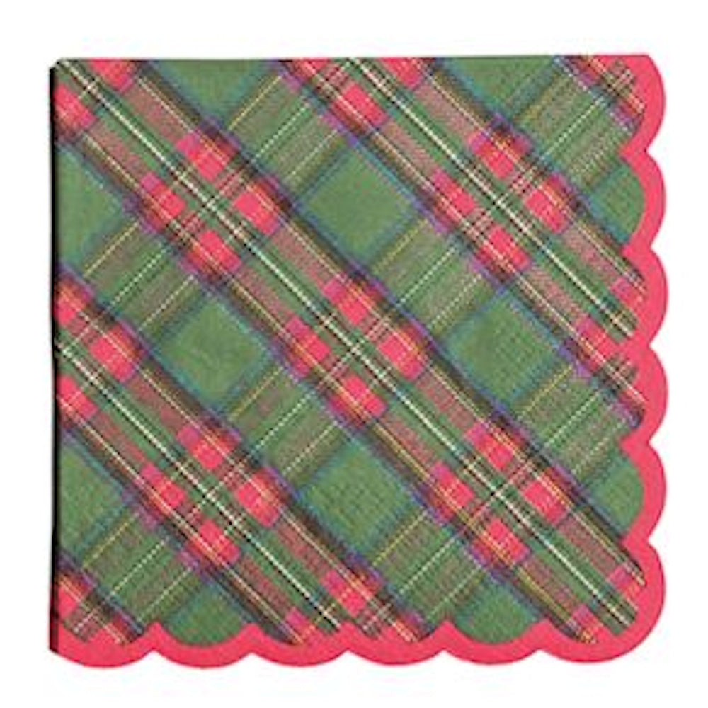 Green tartan plaid cocktail napkin with red scalloped edges.
