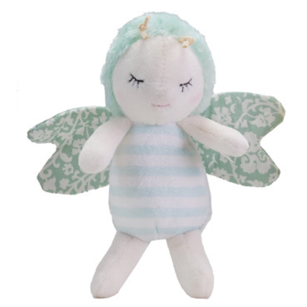 Plush green and white striped bug baby toy with floral wings, closed eyes, and a soft fuzzy hood.