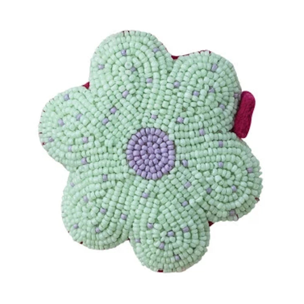 Handmade green and purple glass beaded flower-shaped retractable tape measure for sewing and crafts.