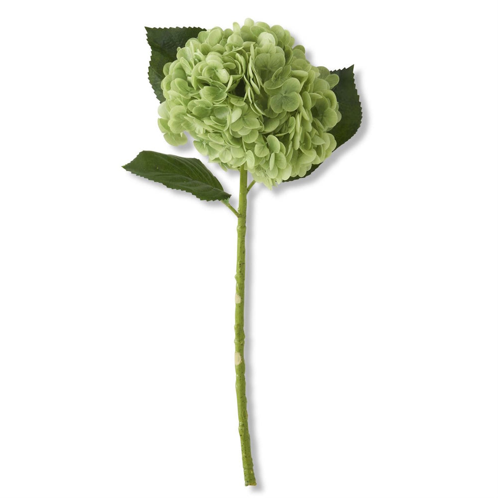 Single green real-touch artificial hydrangea stem with realistic petals and leaves on a white background.