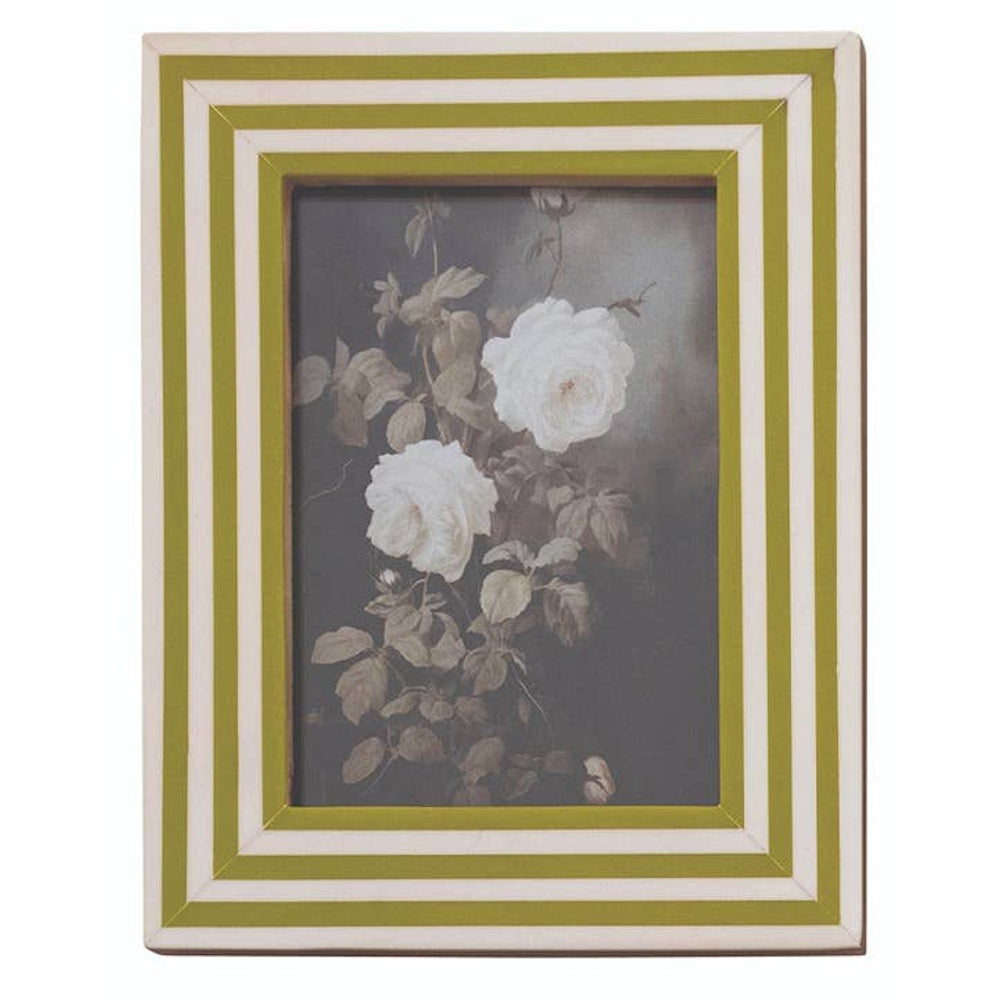 Rectangular picture frame with olive green and ivory inlaid stripes, displaying a white rose print.