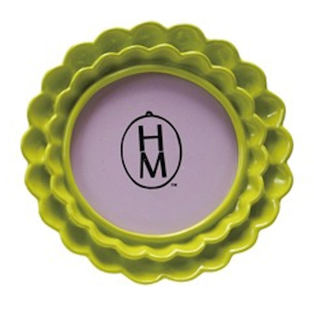 Round green photo frame with a double-layered ruffled border on a white background.