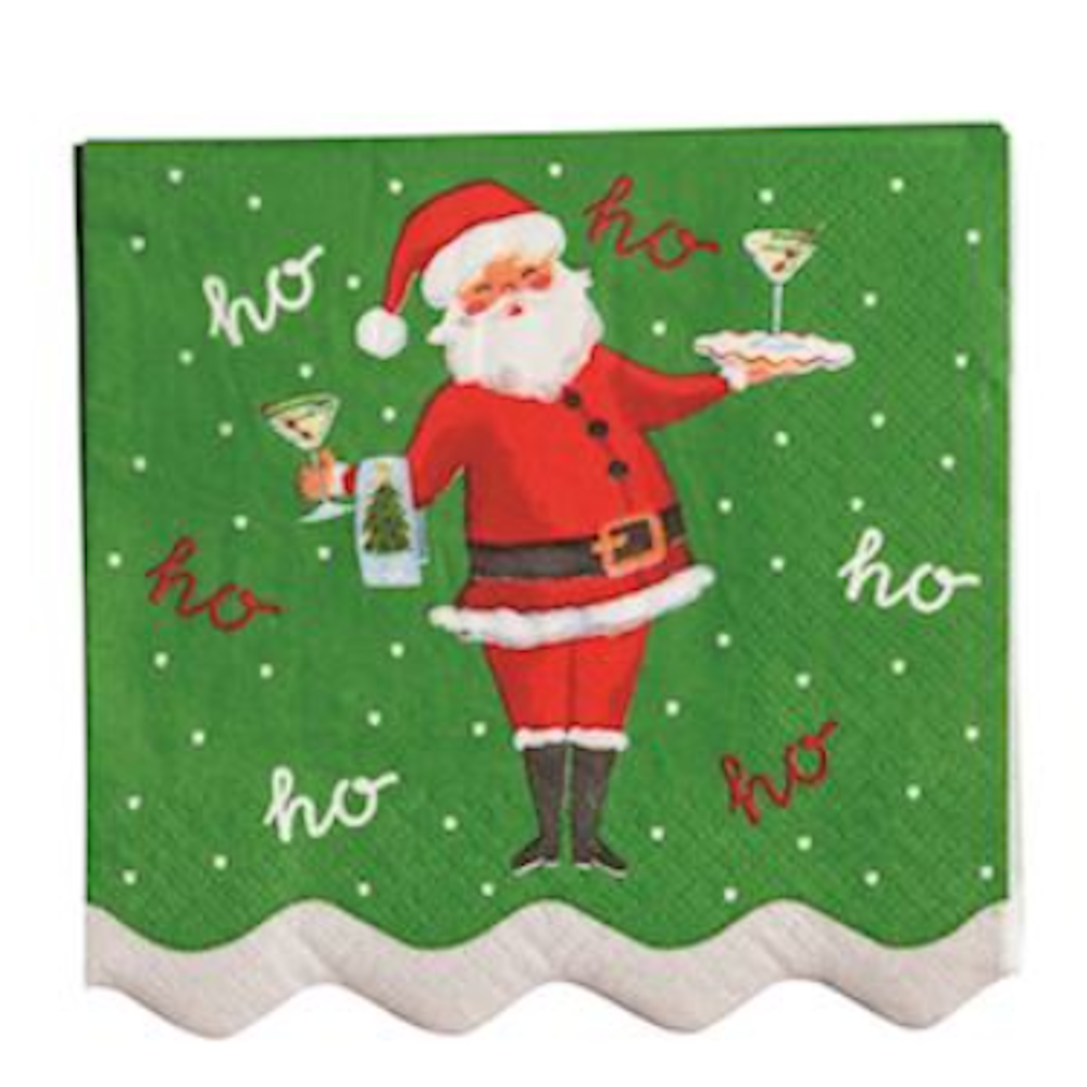 Green napkin with Santa holding cocktails, surrounded by "ho ho ho" text and falling snow.