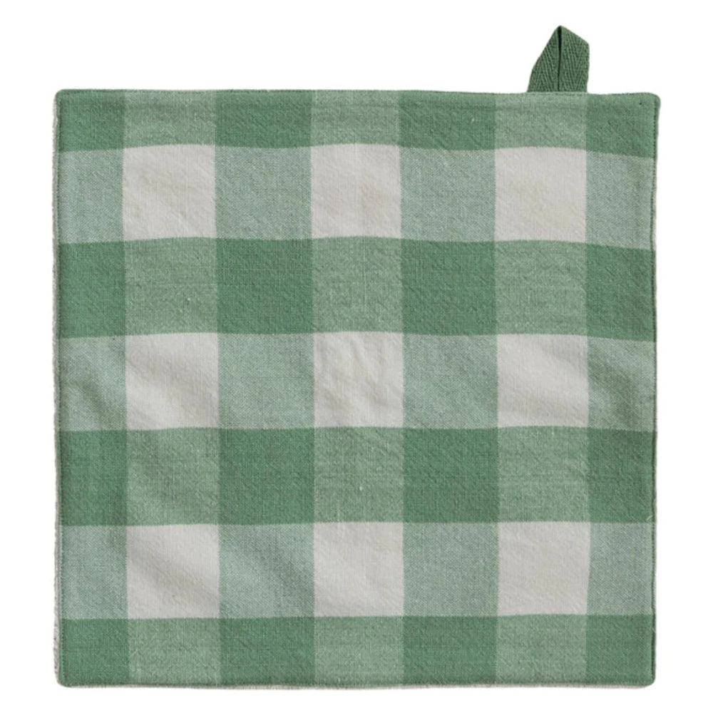 Green and off-white gingham checkered woven cotton dish cloth with a hanging loop at the top corner.