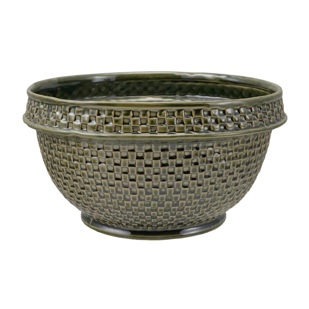 Dark green stoneware bowl with textured basket weave pattern and glossy glazed finish on a white background.
