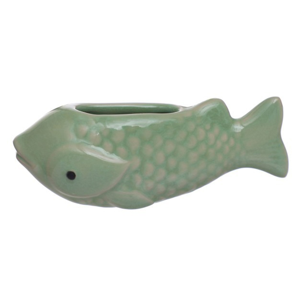 Green fish stoneware mini vase magnet with textured scales and glossy finish, perfect for small plants or decor.