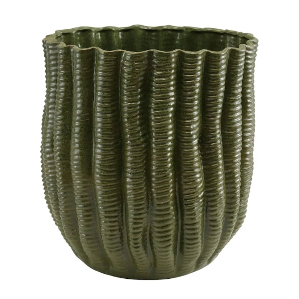 Textured green stoneware planter with a vertical fluted design and wavy rim on a white background.
