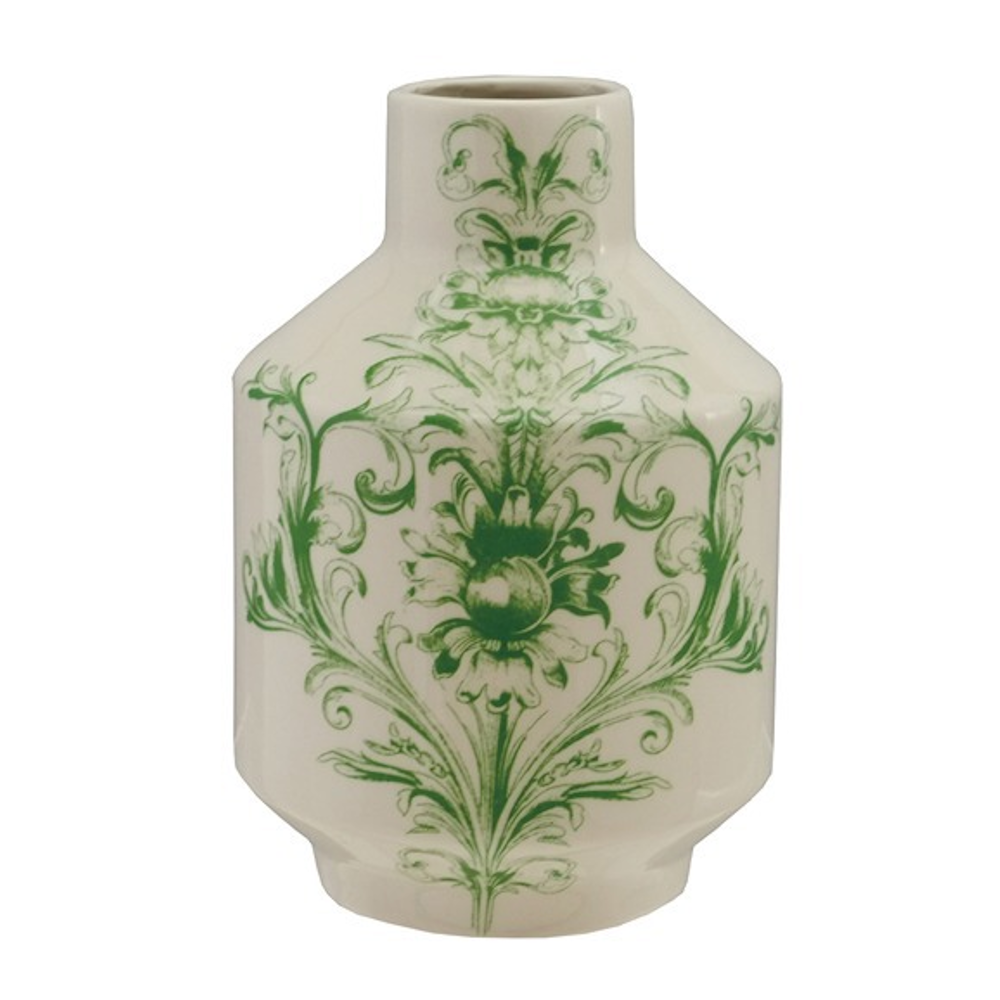 White stoneware vase with a green floral damask pattern and a tapered neck on a white background.