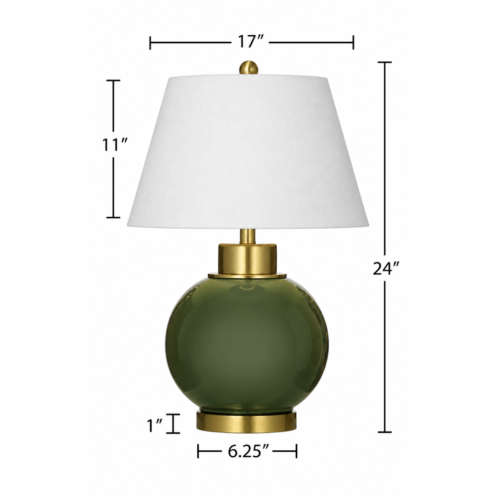 Dimension diagram of an olive green table lamp showing a 24" height, 17" wide shade, and 6.25" base.