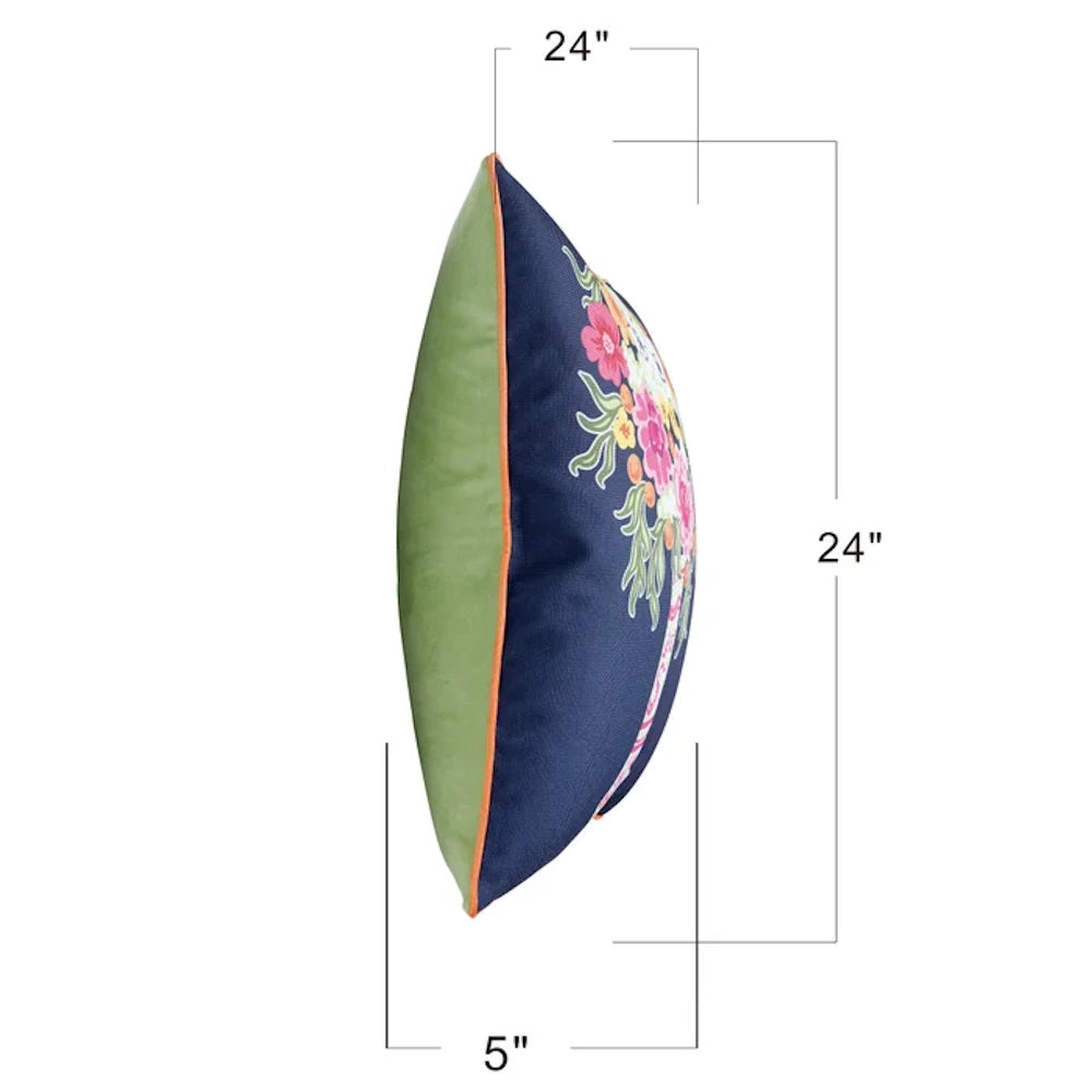 Side view of a 24 by 24 floral navy and green decorative pillow with 5-inch depth dimensions for home decor.