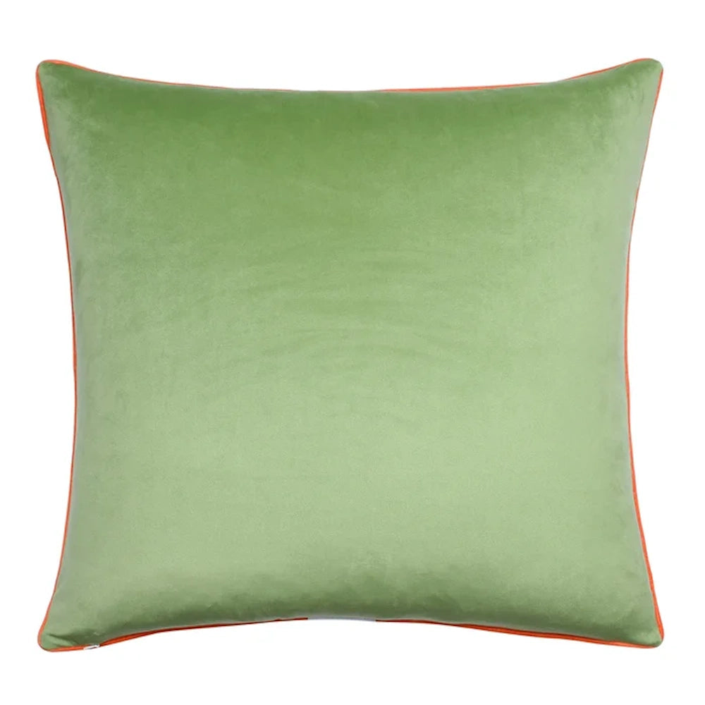 Square lime green velvet throw pillow with decorative orange piped edges, shown on a white background.