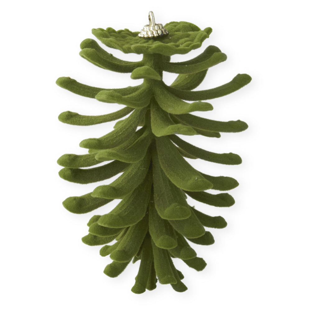 A hanging green velvet-flocked open pinecone Christmas ornament.