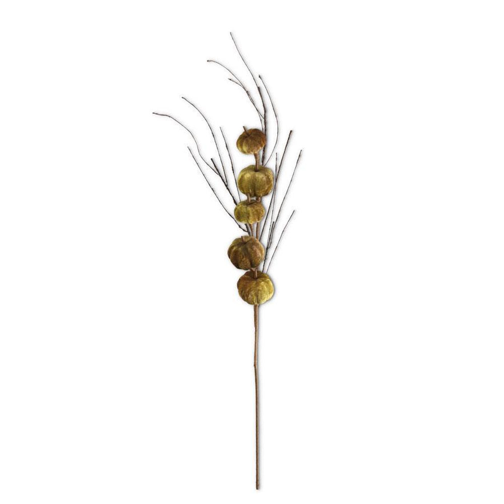 Decorative stem with stacked olive green velvet mini pumpkins and thin rustic twigs on a white background.