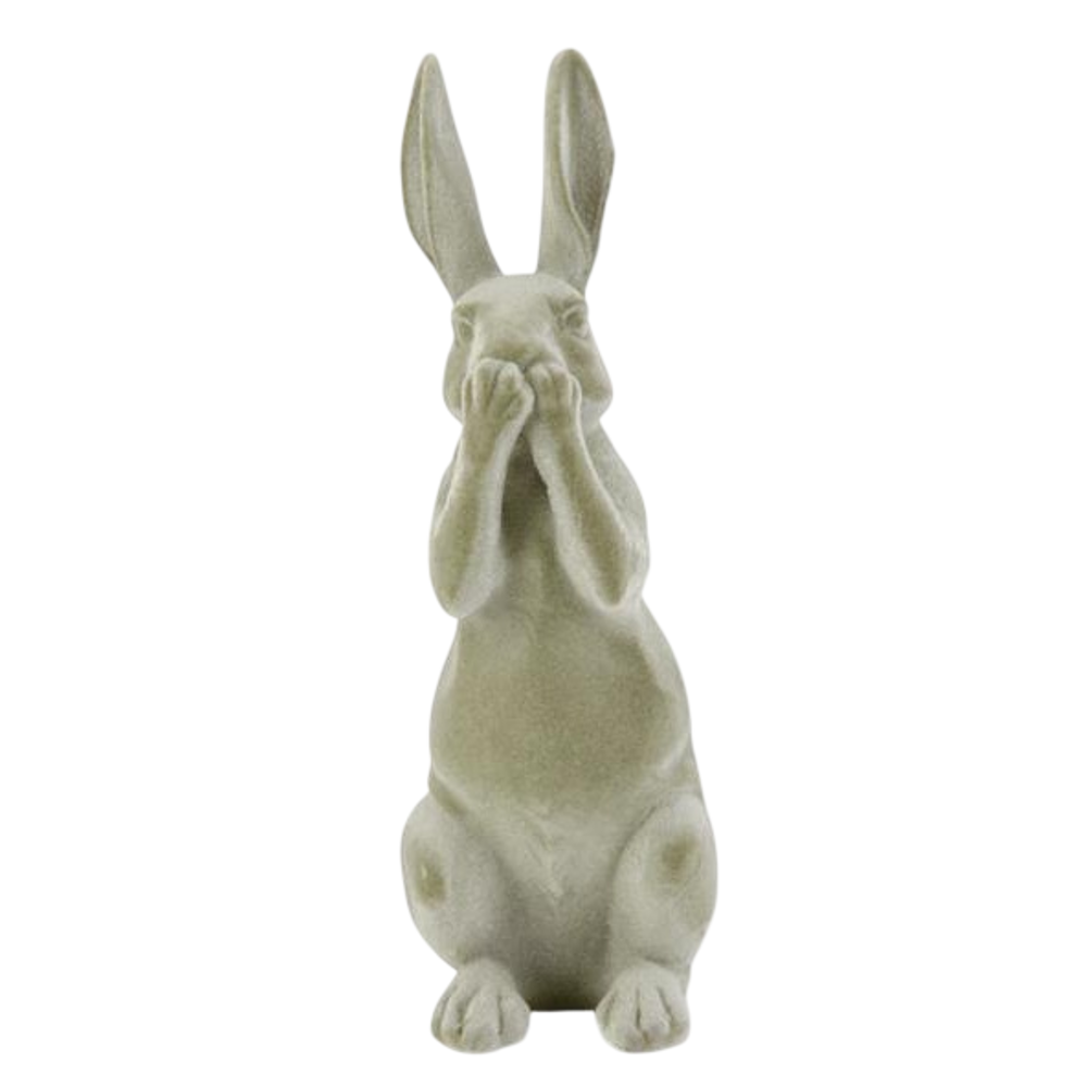 Green velvet resin bunny figurine in a "speak no evil" pose with paws over its mouth and long upright ears.