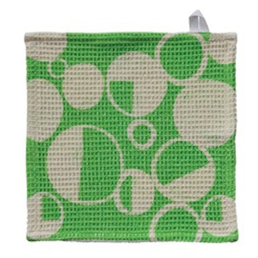 Square waffle-weave cotton dishcloth featuring a green and white pattern of overlapping circles and dots.