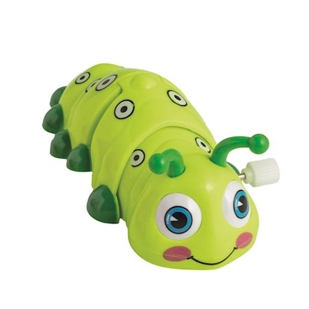 Green wind-up caterpillar toy crawler with dark green legs and a smiling face.