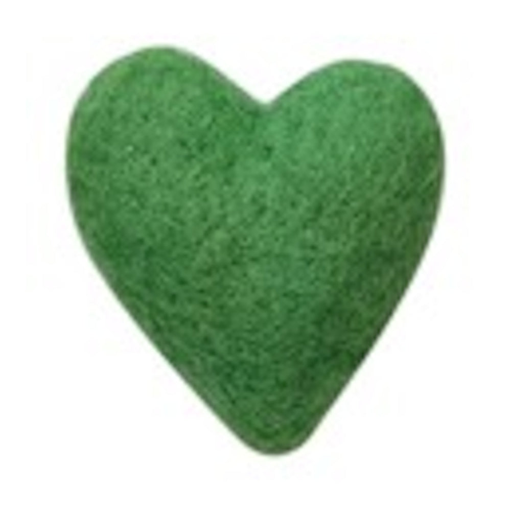 A small, green, needle-felted wool heart with a fuzzy texture on a white background.