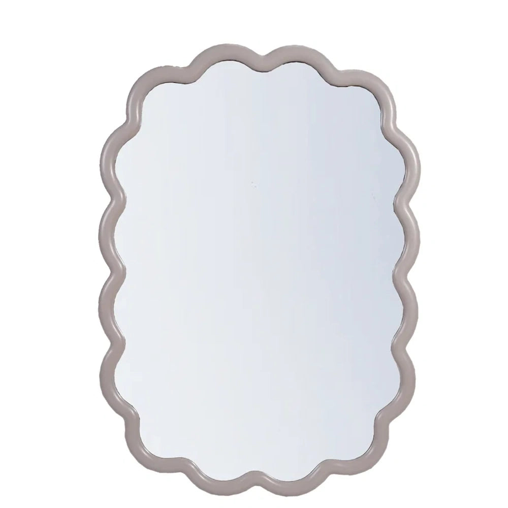 Rectangular wall mirror featuring a light grey wavy scalloped frame.