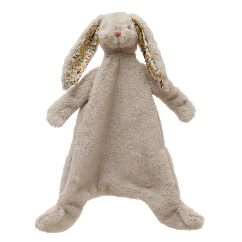 Grey plush bunny comforter toy with floral fabric on the inside of its long, floppy ears.
