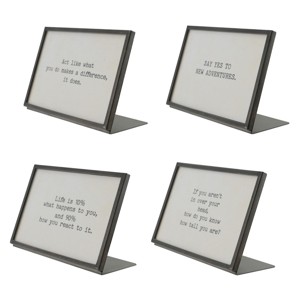 Four gunmetal finish metal and glass frames shown from the side, each with an easel back displaying an inspirational quote.