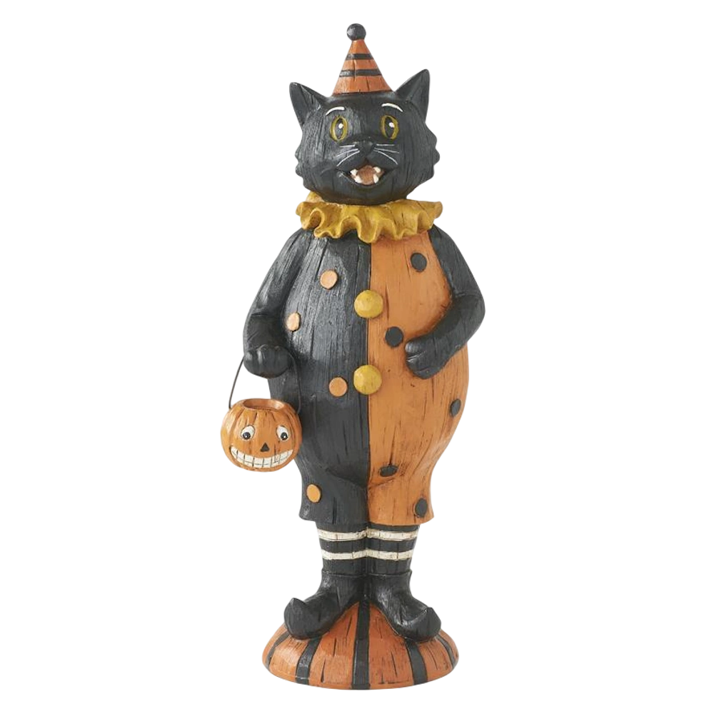 Vintage Halloween black cat clown figurine holding a pumpkin bucket on a white background.