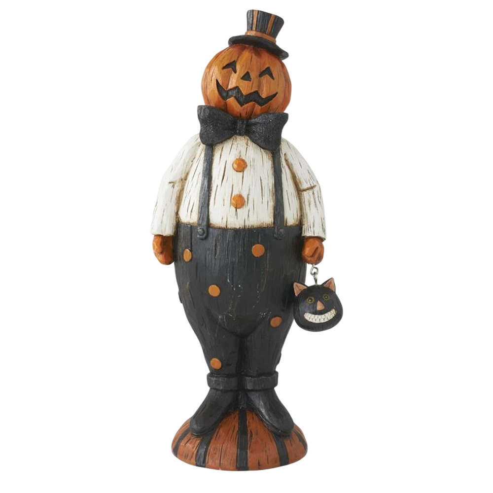 Vintage Halloween pumpkin man figurine in top hat, bowtie, and suspenders holding a black cat lantern.