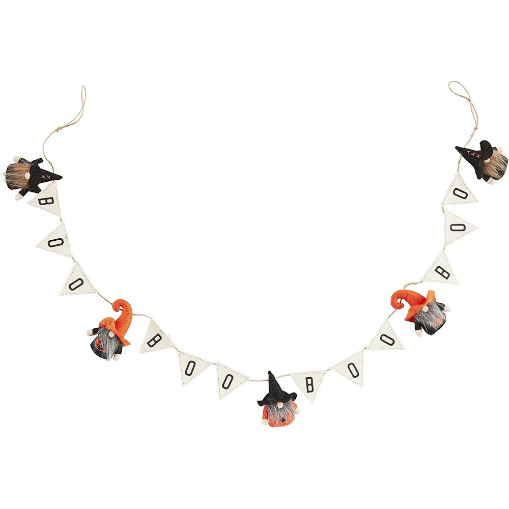 Halloween garland stringing together white pennant flags spelling "BOO" with small plush gnomes.
