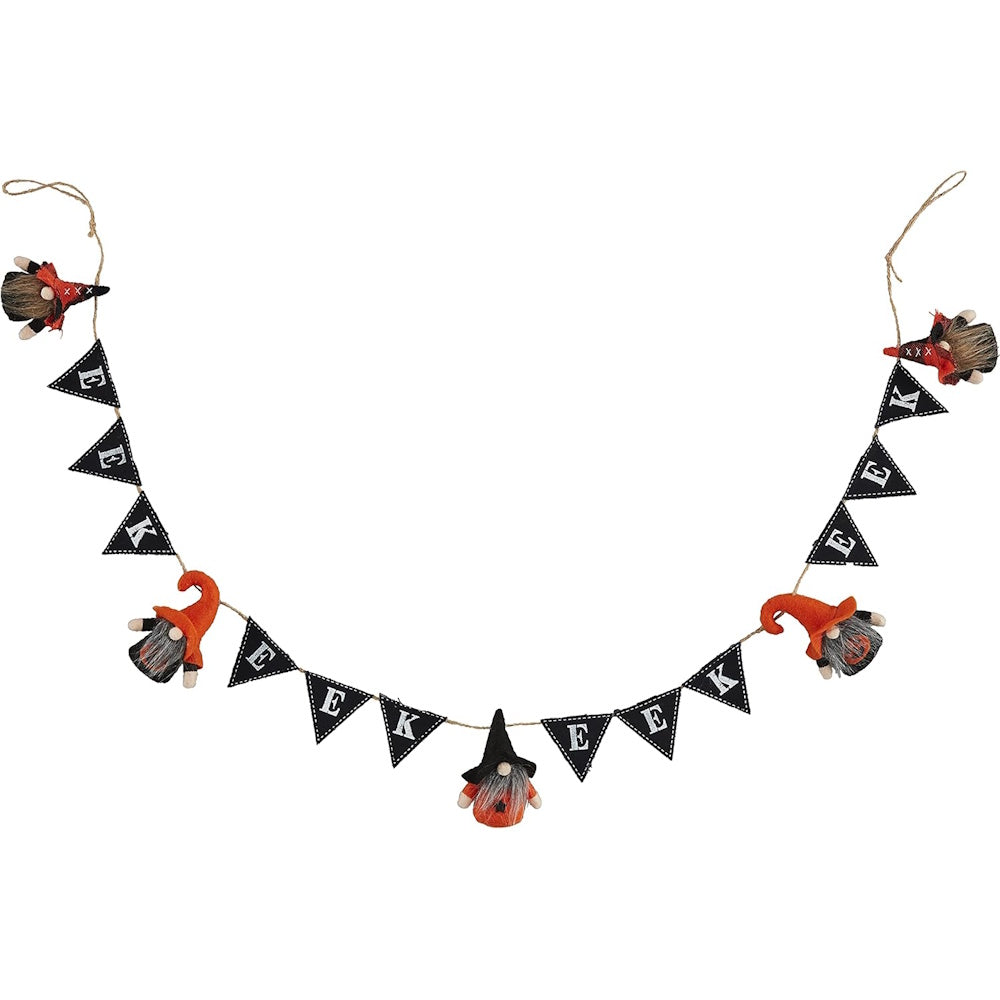 Halloween garland featuring black triangular pennants spelling "EEK" repeatedly, interspersed with small gnomes.