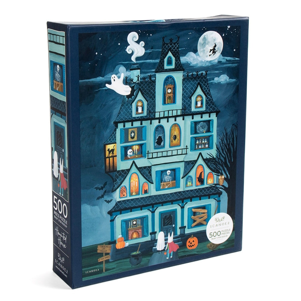 500-piece Halloween haunted house jigsaw puzzle box featuring a spooky house under a full moon.
